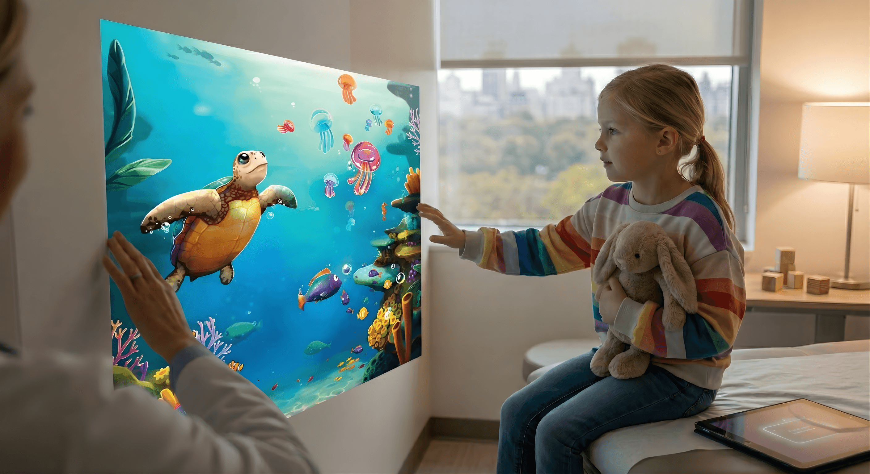 A child engaging with AR technology in a pediatric healthcare environment.